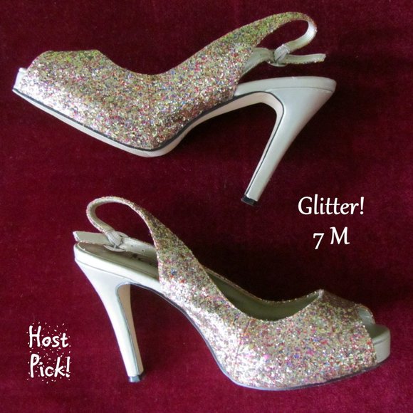 GLITTER SHOES, 7, GALA GLAM, SPARKLY COLORIFFICS SLINGBACKS w 4" HEELS, PARTY! - Picture 11 of 11